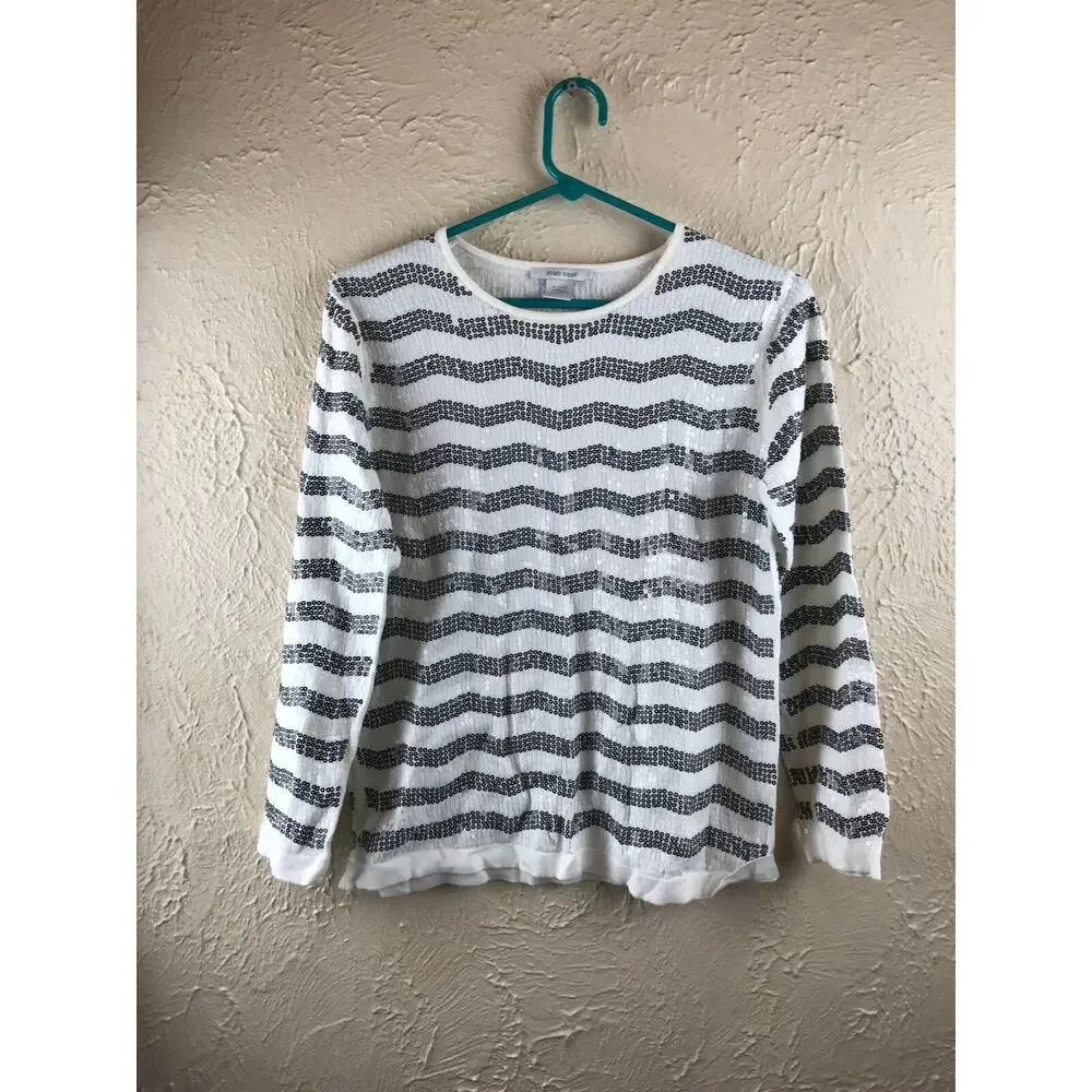 Joan Vass Sweater Black White Sequins Lightweight Knit Pullover Womens Size 0